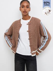 Maija Casual Holiday Party Chinese Frog Button Brown & Blue Striped Autumn/Winter Women's Sweater - Brown - View 3