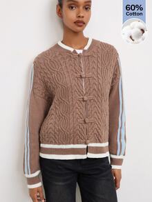 Maija Casual Holiday Party Chinese Frog Button Brown & Blue Striped Autumn/Winter Women's Sweater - Brown - View 7
