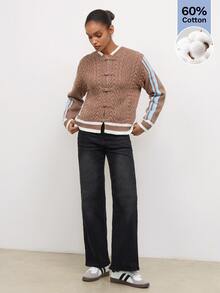 Maija Casual Holiday Party Chinese Frog Button Brown & Blue Striped Autumn/Winter Women's Sweater - Brown - View 4