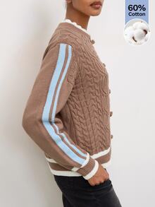 Maija Casual Holiday Party Chinese Frog Button Brown & Blue Striped Autumn/Winter Women's Sweater - Brown - View 2