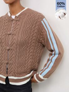 Maija Casual Holiday Party Chinese Frog Button Brown & Blue Striped Autumn/Winter Women's Sweater - Brown - View 5