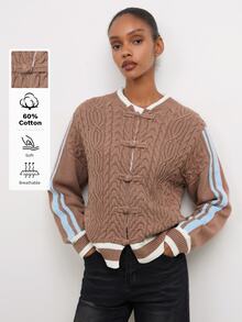 Maija Casual Holiday Party Chinese Frog Button Brown & Blue Striped Autumn/Winter Women's Sweater - Brown - View 1