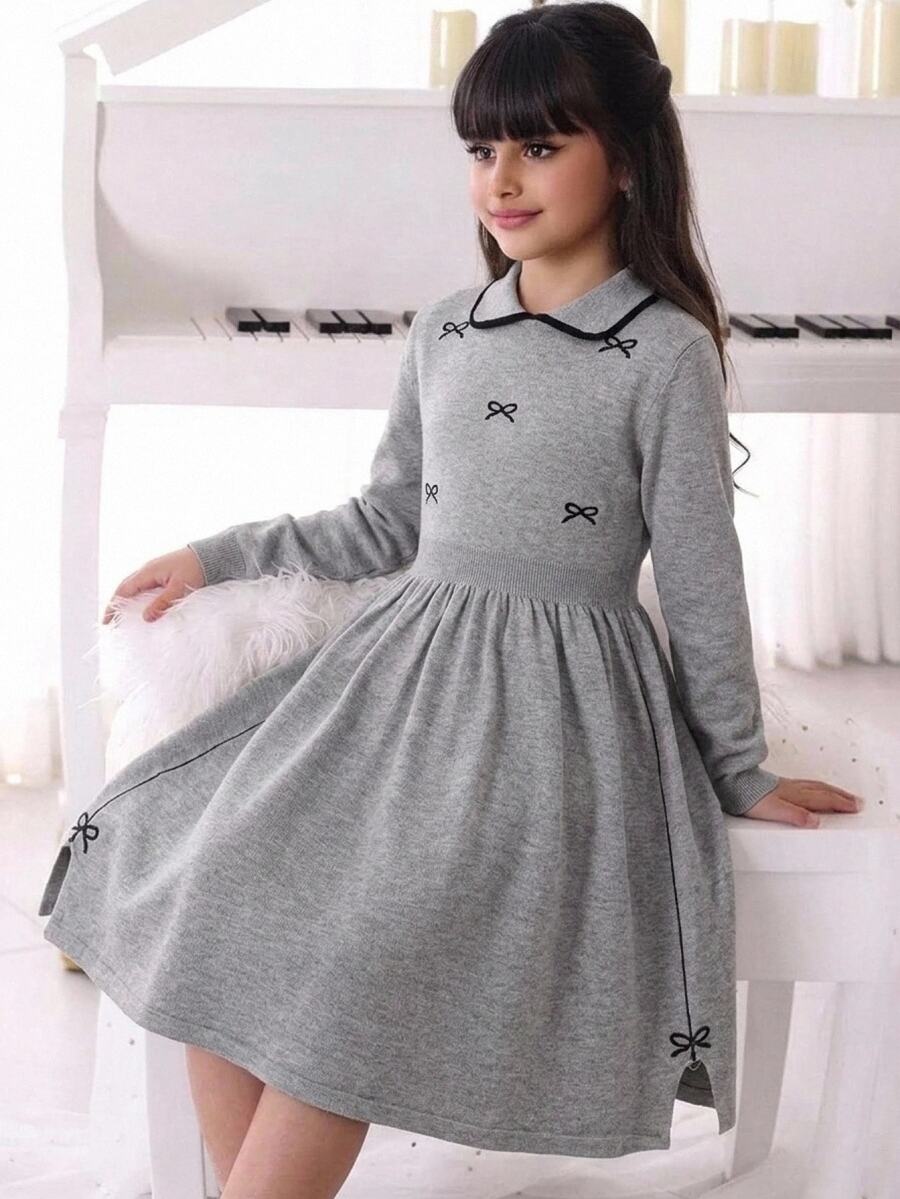 SHEIN 少女可愛甜美彼得潘領蝴蝶結圖案針織套頭長袖上衣,百搭直筒開衩下擺灰色毛衣,秋冬洋裝 - 灰色 - 查看 1