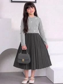 SHEIN 兒童青少年女孩優雅蝴蝶結拼接針織百褶長袖拼色灰色A字秋季洋裝 - 灰色 - 查看 4