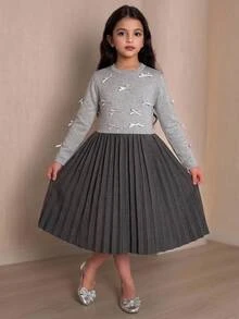 SHEIN 兒童青少年女孩優雅蝴蝶結拼接針織百褶長袖拼色灰色A字秋季洋裝 - 灰色 - 查看 6