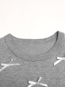 SHEIN 兒童青少年女孩優雅蝴蝶結拼接針織百褶長袖拼色灰色A字秋季洋裝 - 灰色 - 查看 3