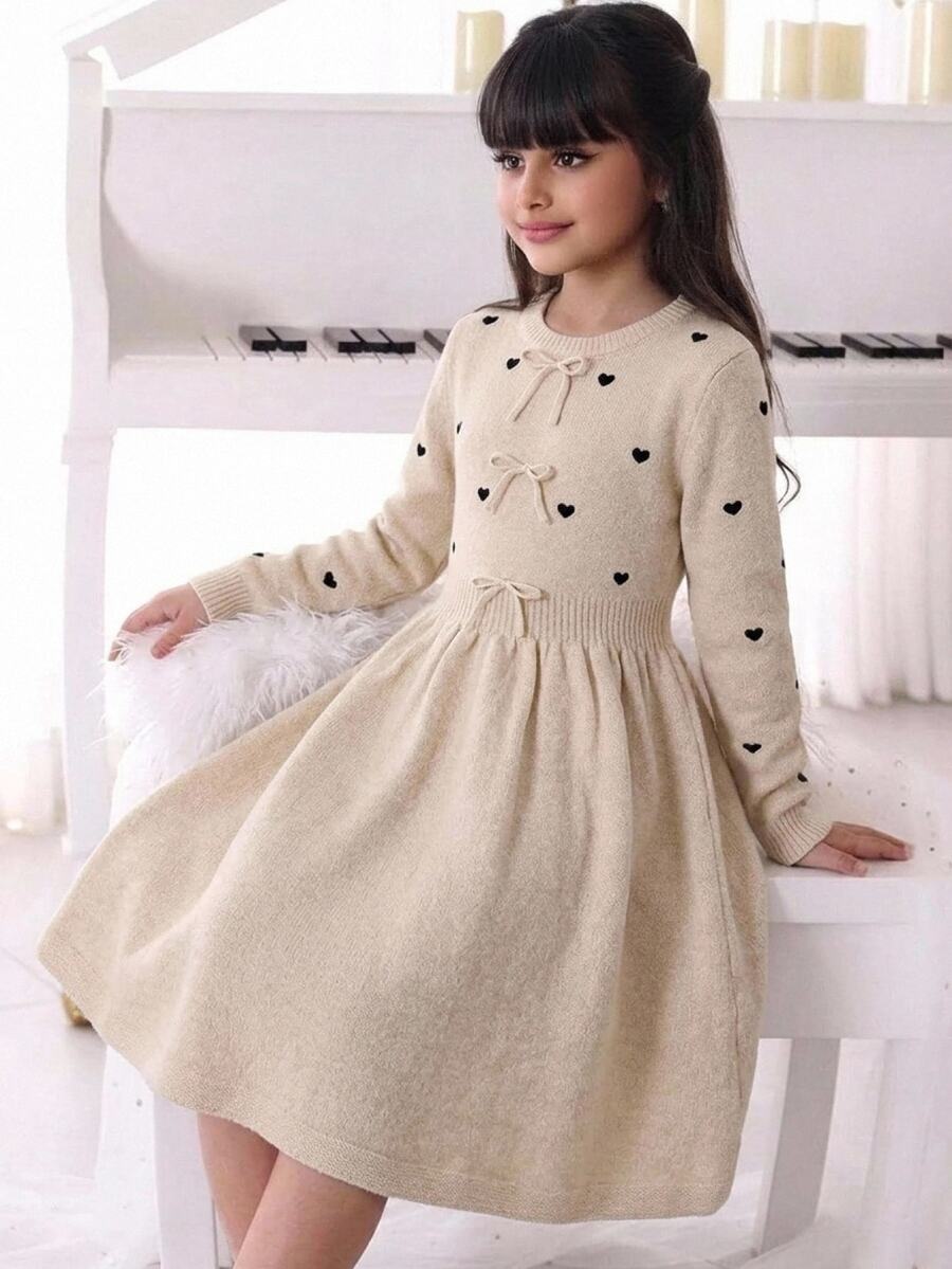 SHEIN 兒童青少年女孩秋冬休閒簡約舒適圓領長袖蝴蝶結裝飾針織毛衣洋裝 - 杏色 - 查看 1