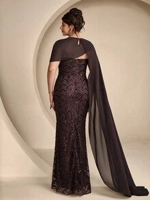 Coutiva Plus Size Women's Sequin Mermaid Hemline Ribbon Design Elegant Formal Evening Gown - Coffee Brown - View 2