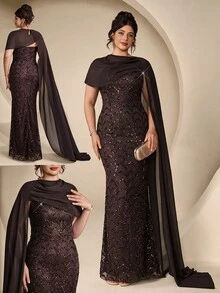 Coutiva Plus Size Women's Sequin Mermaid Hemline Ribbon Design Elegant Formal Evening Gown - Coffee Brown - View 3