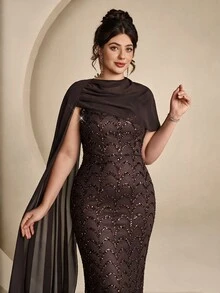 Coutiva Plus Size Women's Sequin Mermaid Hemline Ribbon Design Elegant Formal Evening Gown - Coffee Brown - View 6