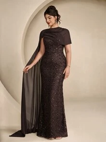 Coutiva Plus Size Women's Sequin Mermaid Hemline Ribbon Design Elegant Formal Evening Gown - Coffee Brown - View 7