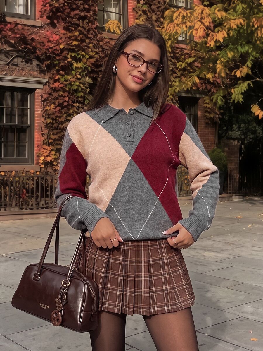 Comfortcana Women's Colorful Plaid Pattern Long Sleeve Polo Collar Fashion Sweater, Women Fall Winter Sweater, 2000s Style 2000, Office Wear, Halloween, Elegant - Coffee Brown - View 1