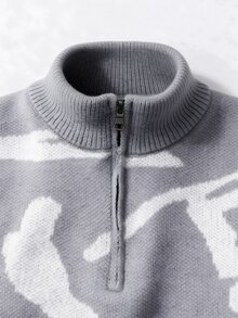 Chillumni Men's High Neck Half Zip Long Sleeve Patterned Casual Sweater - Grey - View 6