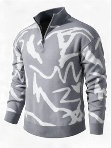 Chillumni Men's High Neck Half Zip Long Sleeve Patterned Casual Sweater - Grey - View 4