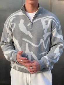 Chillumni Men's High Neck Half Zip Long Sleeve Patterned Casual Sweater - Grey - View 1