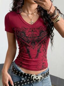 Fiercella Fiercella Women's Dark Red Summer Goth Grunge Night Out Night Club Fitted Gothic Floral Print Rhinestone V-Neck Vintage Y2K Punk Short Sleeve T-Shirt - Burgundy - View 5