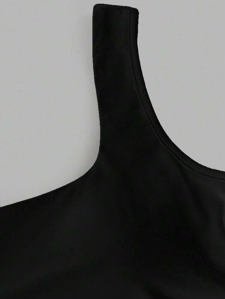 Sweetra Simple Solid Color Wide Strap Pleated Casual Top, Built-In Bra - Black - View 5