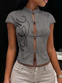 Muchica Grey Woven Women's Embroidered Button-Down Shirt,Summer Top - Grey - View 3