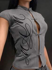 Muchica Grey Woven Women's Embroidered Button-Down Shirt,Summer Top - Grey - View 1