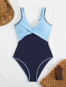 Swim Lushoire 條紋特殊面料交叉式連身泳衣 - 彩色 - 查看 8