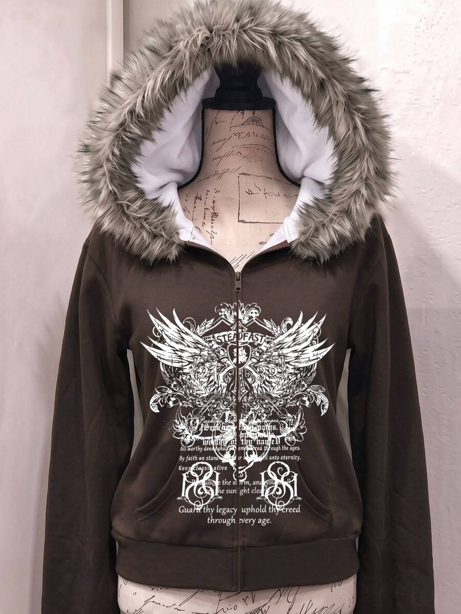 SHEIN Tween Girl Street Style Wing Print Zipper Hooded Sweatshirt, Fall, Casual Fur Trim Hooded Sweatshirt, Holiday - Brown - View 1