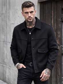 Manfinity CasualCool 男士黑色羊毛翻領鈕扣短夾克，標準版型，秋季休閒街頭時尚風，適合辦公、假日、外出度假 - 黑色 - 查看 5