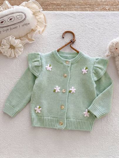 SHEIN Vintaside Kids Baby Girls Cardigans, Round Neck Knitted Cardigan, Sage Green Floral Hand-Embroidered Sweater, Heavy Craft Cartoon Cute Flutter Sleeve, Autumn/Winter
