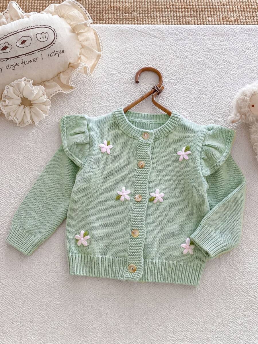 SHEIN Cardigan Bayi Perempuan, Cardigan Rajut Leher Bulat, Sweater Bordir Tangan Motif Bunga Hijau Sage, Lengan Bergelombang Lucu Bergambar Kartun, Musim Gugur/Musim Dingin