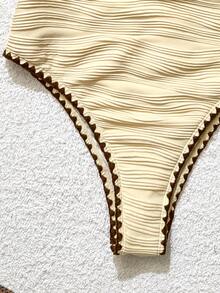 Bonvoyette Solid Color Wavy Pleated Textured Fabric Spaghetti Strap Design Hollow Chest Amber Bead Decor Contrast Floral Trim Casual Vacation Women One-Piece Swimsuit - Apricot - View 7