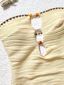Bonvoyette Solid Color Wavy Pleated Textured Fabric Spaghetti Strap Design Hollow Chest Amber Bead Decor Contrast Floral Trim Casual Vacation Women One-Piece Swimsuit - Apricot - View 6