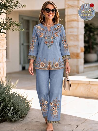 Miaspire Women's Autumn/Winter Printed V-Neck Long Sleeve Shirt & Long Pants 2 Pieces Set