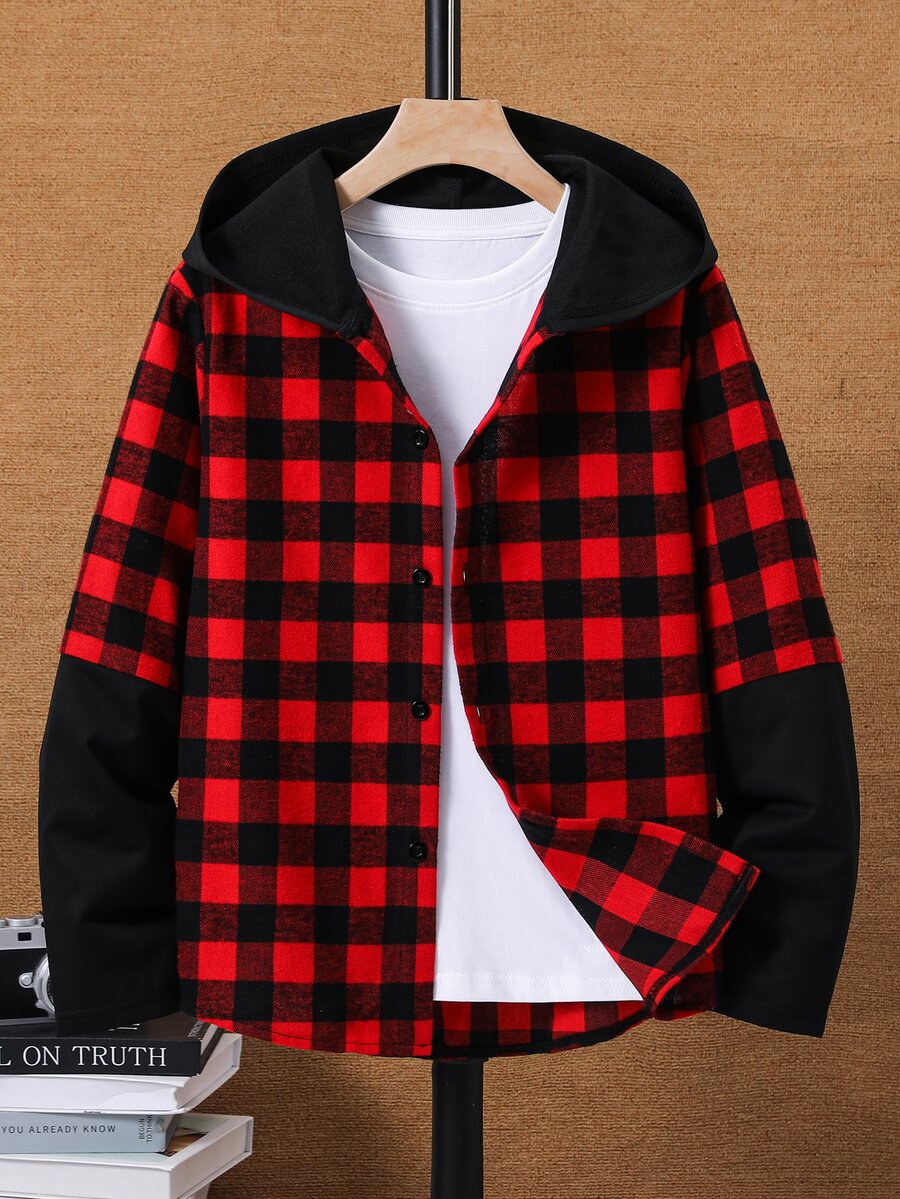 SHEIN Kids 1 Tween Boy Casual Daily Red Hooded Loose Long Sleeve Shirt ...
