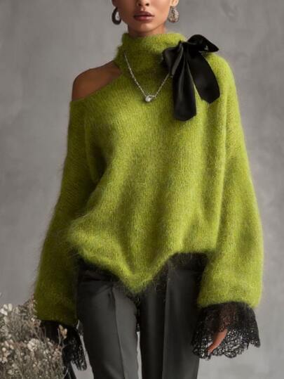 LUMIGAL Grey High Neck Cold Shoulder Women's Sweater With Bowknot Lace Patchwork Wide Sleeve Knit Top