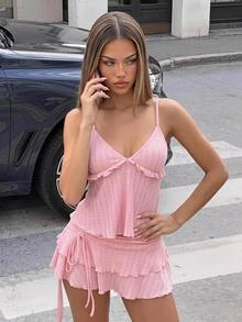 SHEIN ICON Women's Corset Bustier 2 Pieces Set With Front Hook Closure, Bow Accent, And Blue Tulle Skirt - Pink - View 1