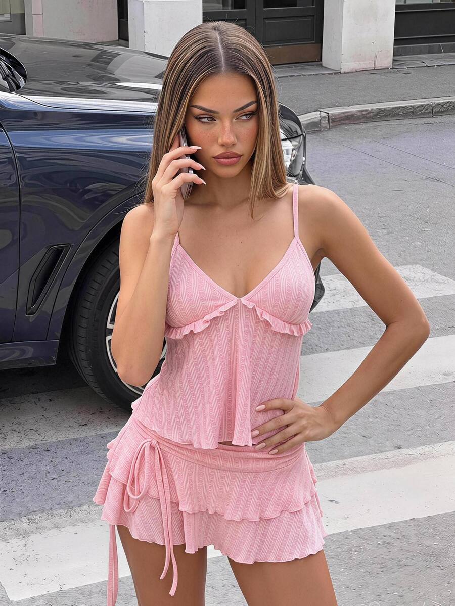 SHEIN ICON Women's Corset Bustier 2 Pieces Set With Front Hook Closure, Bow Accent, And Blue Tulle Skirt - Pink - View 1