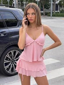 SHEIN ICON Women's Corset Bustier 2 Pieces Set With Front Hook Closure, Bow Accent, And Blue Tulle Skirt - Pink - View 4