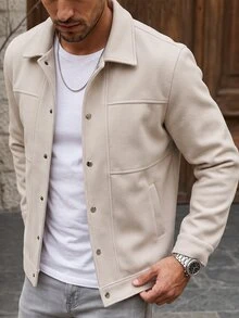 Manfinity CasualCool Men's Apricot Wool Blend Notch Lapel Button Coat, Regular Fit Short Jacket, Beige, Autumn, Casual Smart Style, Office, Christmas Gift - Apricot - View 5
