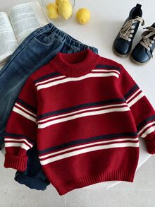 SHEIN Little Byeori Kids Young Boy Autumn/Winter Casual Versatile Daily Commute Color Block Striped Pattern Crew Neck Pullover Sweater, Suitable For Commuting, School, Daily Casual, Sports, Travel, Street Style, Autumn/Winter Season, Christmas - Red - View 2