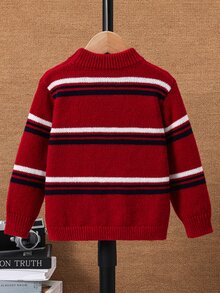 SHEIN Little Byeori Kids Young Boy Autumn/Winter Casual Versatile Daily Commute Color Block Striped Pattern Crew Neck Pullover Sweater, Suitable For Commuting, School, Daily Casual, Sports, Travel, Street Style, Autumn/Winter Season, Christmas - Red - View 3
