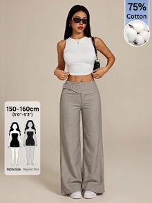 SHEIN PETITE 女款腰扣設計直筒優雅休閒長褲 灰色 冬季 職場辦公通勤 小碼 - 灰色 - 查看 1