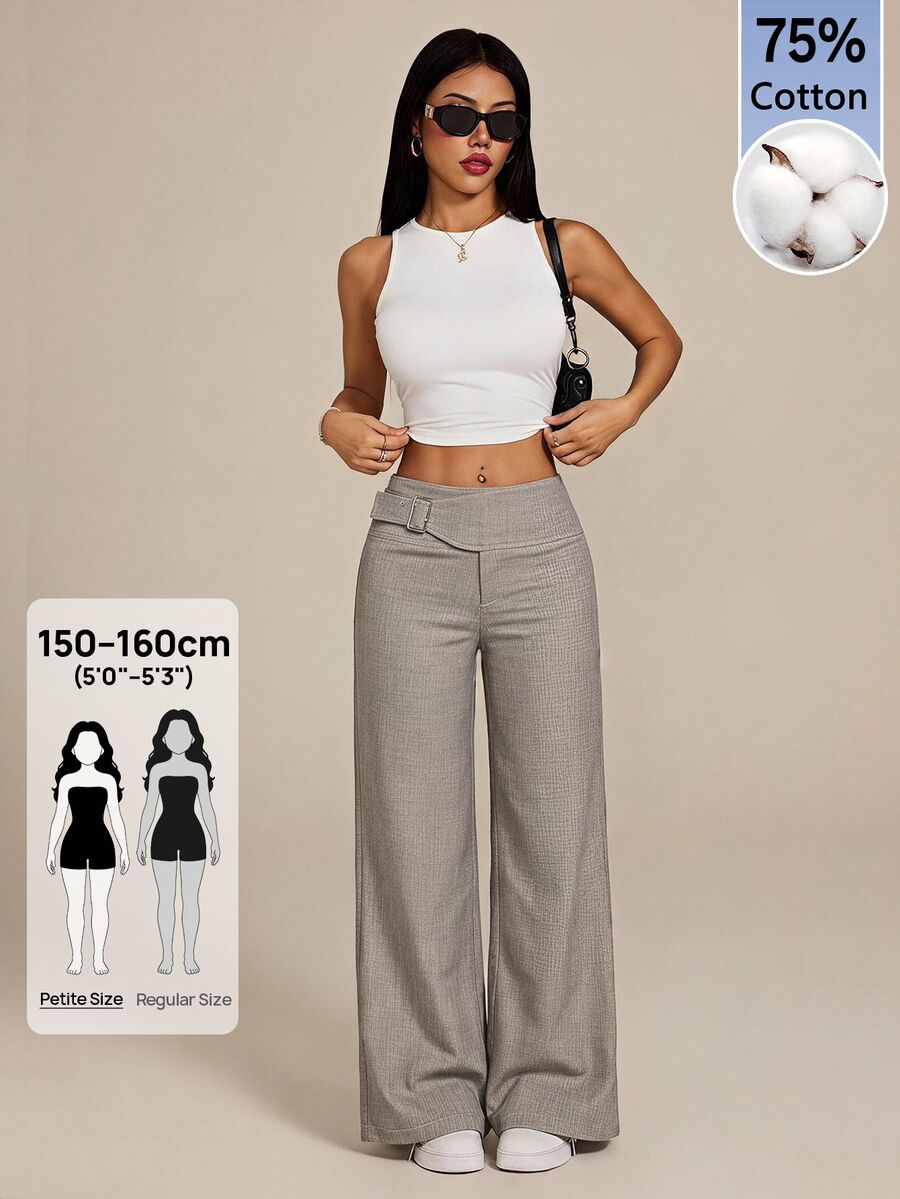 SHEIN PETITE 女款腰扣設計直筒優雅休閒長褲 灰色 冬季 職場辦公通勤 小碼 - 灰色 - 查看 1