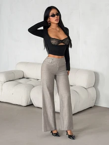 SHEIN PETITE 女款腰扣設計直筒優雅休閒長褲 灰色 冬季 職場辦公通勤 小碼 - 灰色 - 查看 5