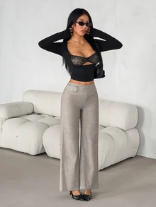 SHEIN PETITE 女款腰扣設計直筒優雅休閒長褲 灰色 冬季 職場辦公通勤 小碼 - 灰色 - 查看 3