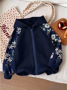 SHEIN Kids Tween Girl Blue Solid Color Hooded Floral Watermark Sweatshirt, Casual Style For School, Autumn Winter - Blue - View 1