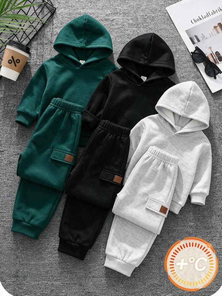 SHEIN 6pcs Kids Tween Boy Cute Autumn/Winter Casual Versatile Solid Color Black, Grey, Christmas Green Long Sleeve Sweatshirt & Pants Tracksuit Set, All-Match Multi-Piece Outfit For Commuting, School, Daily Wear, Vacation, Travel, Sports, Back To School Season - Multicolor - View 1