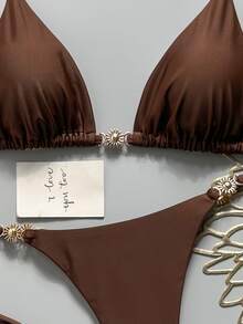 Costavie Women's Solid Color Halter Tie Metallic Bikini Set, Spring/Summer - Brown - View 5
