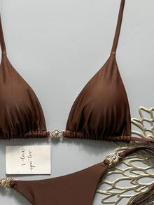 Costavie Women's Solid Color Halter Tie Metallic Bikini Set, Spring/Summer - Brown - View 7