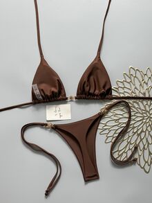 Costavie Women's Solid Color Halter Tie Metallic Bikini Set, Spring/Summer - Brown - View 3
