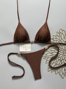 Costavie Women's Solid Color Halter Tie Metallic Bikini Set, Spring/Summer - Brown - View 4