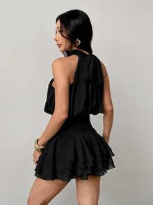 SHEIN PETITE Women's White Tie-Up Ruffle Layered Mini Dress, White Dress, Birthday Dress, Wedding Season Dress, Back To School Dress, Spring/Summer,Summer Dresses For Women - Black - View 2